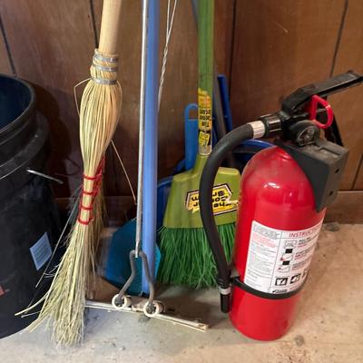 Step ladder, mop, brooms, and more
