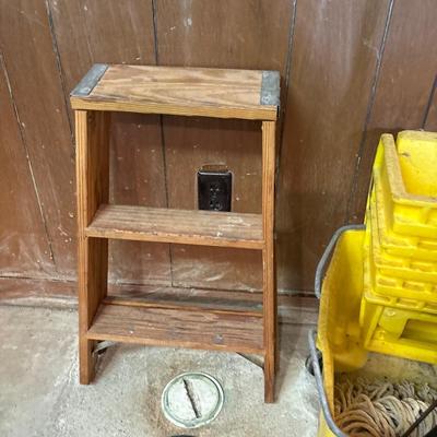 Step ladder, mop, brooms, and more