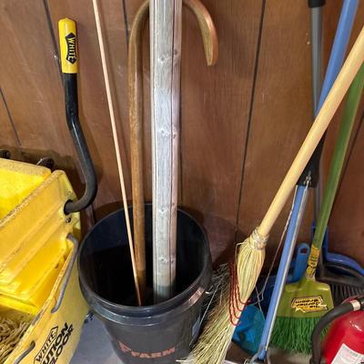 Step ladder, mop, brooms, and more