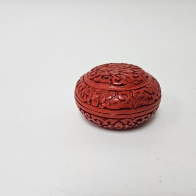 CKEG12. Vintage Chinese Carved Cinnabar Round Trinket Box