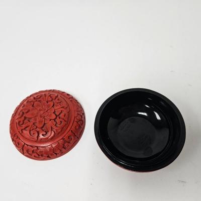 CKEG12. Vintage Chinese Carved Cinnabar Round Trinket Box