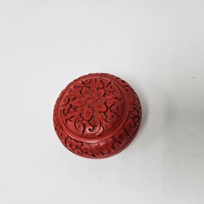 CKEG12. Vintage Chinese Carved Cinnabar Round Trinket Box
