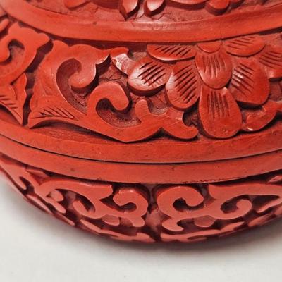 CKEG12. Vintage Chinese Carved Cinnabar Round Trinket Box