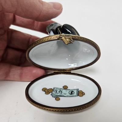 CKEG14. Limoges Porcelain Hand-Painted Mini Trinket Box, Frog in Tuxedo
