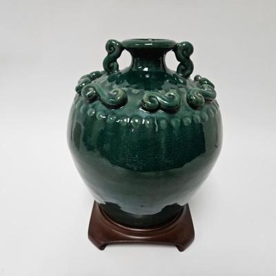 CKEG18. Chinese Emerald Glaze Oil Jar, Double Handle