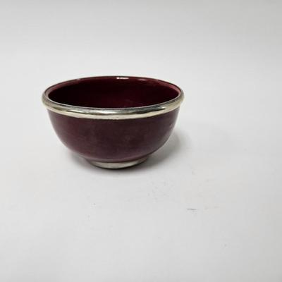 CKEG32. Handmade Moroccan Ceramic Bowl, Red with Silverplate Trim