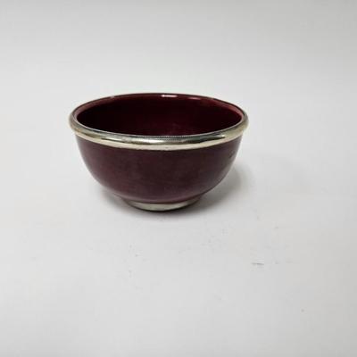 CKEG32. Handmade Moroccan Ceramic Bowl, Red with Silverplate Trim