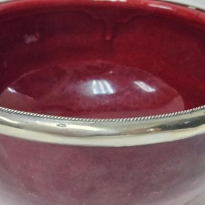 CKEG32. Handmade Moroccan Ceramic Bowl, Red with Silverplate Trim