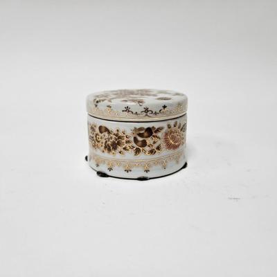 CKEG33. Ceramic Round Jar, Flowers & Butterflies, Gilt Accents