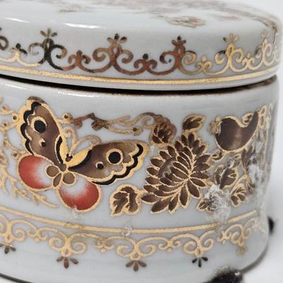 CKEG33. Ceramic Round Jar, Flowers & Butterflies, Gilt Accents