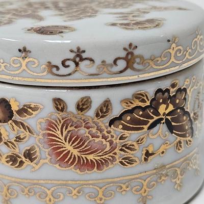 CKEG33. Ceramic Round Jar, Flowers & Butterflies, Gilt Accents