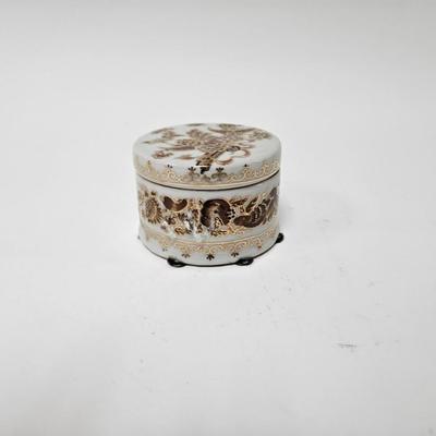 CKEG33. Ceramic Round Jar, Flowers & Butterflies, Gilt Accents