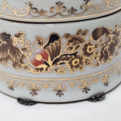 CKEG33. Ceramic Round Jar, Flowers & Butterflies, Gilt Accents