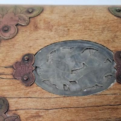 CKEG34. Vintage Chinese Wooden Jewelry Box, Decorative Brass Accents, Jade Inlay, Green Satin Lined