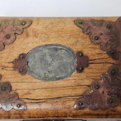 CKEG34. Vintage Chinese Wooden Jewelry Box, Decorative Brass Accents, Jade Inlay, Green Satin Lined