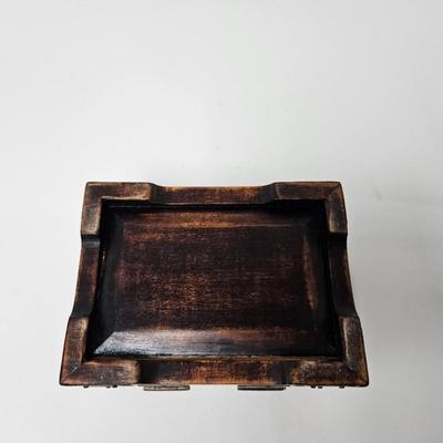 CKEG34. Vintage Chinese Wooden Jewelry Box, Decorative Brass Accents, Jade Inlay, Green Satin Lined