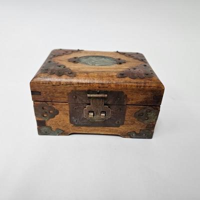 CKEG34. Vintage Chinese Wooden Jewelry Box, Decorative Brass Accents, Jade Inlay, Green Satin Lined