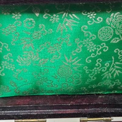 CKEG34. Vintage Chinese Wooden Jewelry Box, Decorative Brass Accents, Jade Inlay, Green Satin Lined