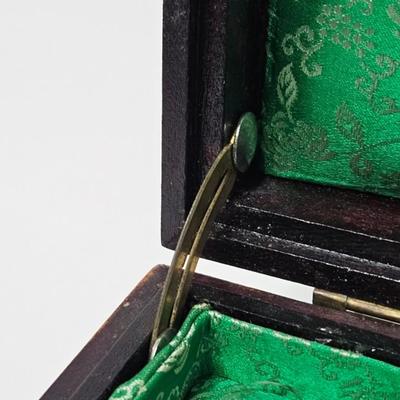CKEG34. Vintage Chinese Wooden Jewelry Box, Decorative Brass Accents, Jade Inlay, Green Satin Lined
