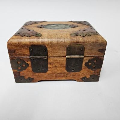 CKEG34. Vintage Chinese Wooden Jewelry Box, Decorative Brass Accents, Jade Inlay, Green Satin Lined