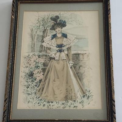 Antique Victorian Fashion Plate Print Framed Period Dress Illustration With Ornate Matting And Decorative Frame