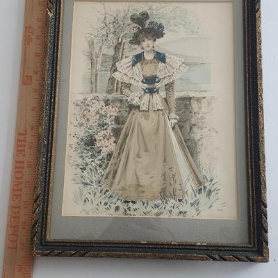 Antique Victorian Fashion Plate Print Framed Period Dress Illustration With Ornate Matting And Decorative Frame