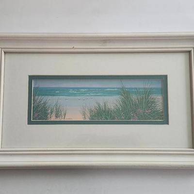 Windswept Dune Framed Coastal Landscape Print Signed Lin Seslar Beach Scene With Dunes And Shoreline