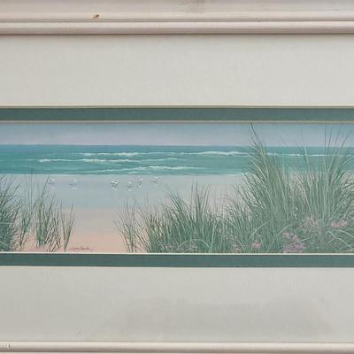 Windswept Dune Framed Coastal Landscape Print Signed Lin Seslar Beach Scene With Dunes And Shoreline