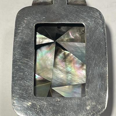 Heavy Sterling Silver & Abalone Bezel Set Slide Pendant 2.50" Tall in VG Preowned Condition as Pictured.