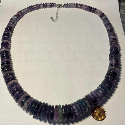 FAS Designer Huge Amethyst Quartz Graduated Disc Beaded Necklace 24-26" Adjustable Fashion Necklace w/Sterling Chain & Clasp.