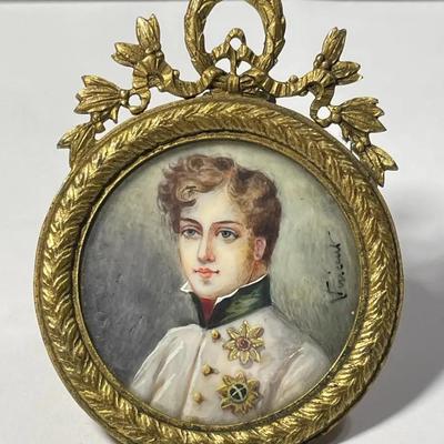 Antique Rare 18/19 Century Napoleon-II Miniature Portrait Painting on Bone or Ivory Signed w/2" x 2.5" Easel Excellent...