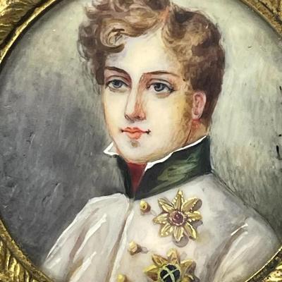 Antique Rare 18/19 Century Napoleon-II Miniature Portrait Painting on Bone or Ivory Signed w/2" x 2.5" Easel Excellent...