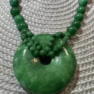 Vintage 24" Jade/Jadeite Large Bead Fashion Necklace w/2" Donut Pendant Preowned from an Estate. Very Nice Quality Beads as...