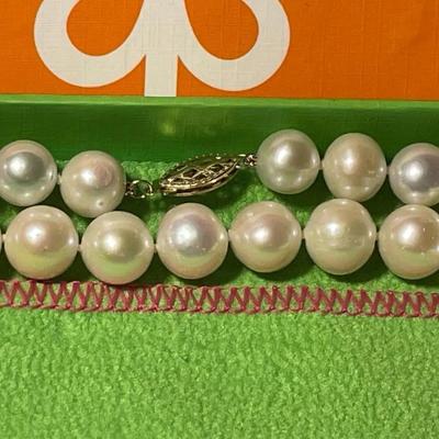 Vintage New Never Used 34" Cultured Freshwater Pearl Bead Necklace 9/10mm with 14k Gold Clasp Superb White Quality as Pictured.