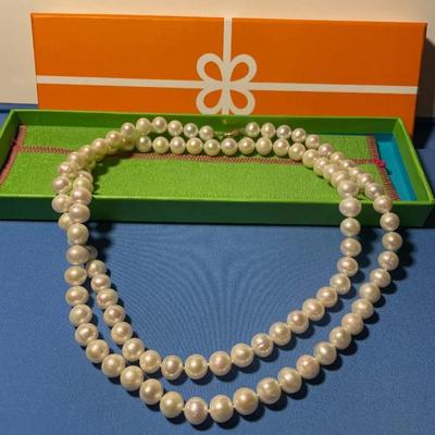 Vintage New Never Used 34" Cultured Freshwater Pearl Bead Necklace 9/10mm with 14k Gold Clasp Superb White Quality as Pictured.