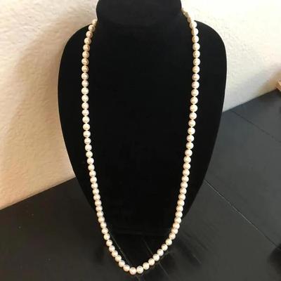 Vintage New Never Used 34" Cultured Freshwater Pearl Bead Necklace 9/10mm with 14k Gold Clasp Superb White Quality as Pictured.