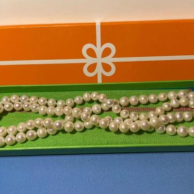 Vintage New Never Used 34" Cultured Freshwater Pearl Bead Necklace 9/10mm with 14k Gold Clasp Superb White Quality as Pictured.