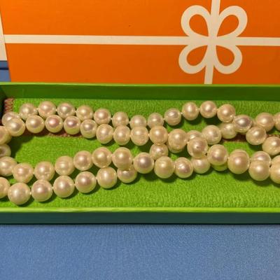 Vintage New Never Used 34" Cultured Freshwater Pearl Bead Necklace 9/10mm with 14k Gold Clasp Superb White Quality as Pictured.