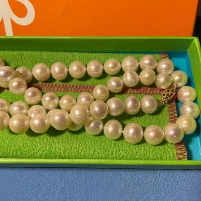 Vintage New Never Used 34" Cultured Freshwater Pearl Bead Necklace 9/10mm with 14k Gold Clasp Superb White Quality as Pictured.