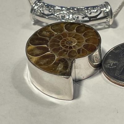 Never Worn Condition Sterling Silver Natural Ammonite Fossil Pendant Bezel Set on Sterling Silver 24" Chain as Pic'd.