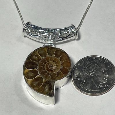 Never Worn Condition Sterling Silver Natural Ammonite Fossil Pendant Bezel Set on Sterling Silver 24" Chain as Pic'd.