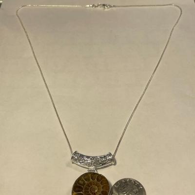 Never Worn Condition Sterling Silver Natural Ammonite Fossil Pendant Bezel Set on Sterling Silver 24" Chain as Pic'd.
