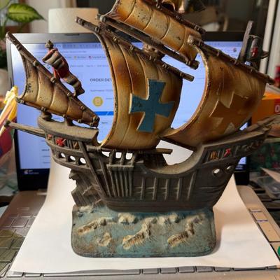 Vintage Very Heavy Cast Iron Clipper Ship Door Stop & Night Light 11" Tall in Good Preowned Condition (Untested Light Fixture).