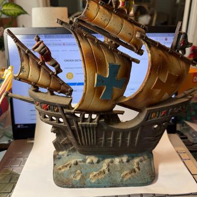 Vintage Very Heavy Cast Iron Clipper Ship Door Stop & Night Light 11" Tall in Good Preowned Condition (Untested Light Fixture).