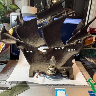 Vintage Very Heavy Cast Iron Clipper Ship Door Stop & Night Light 11" Tall in Good Preowned Condition (Untested Light Fixture).