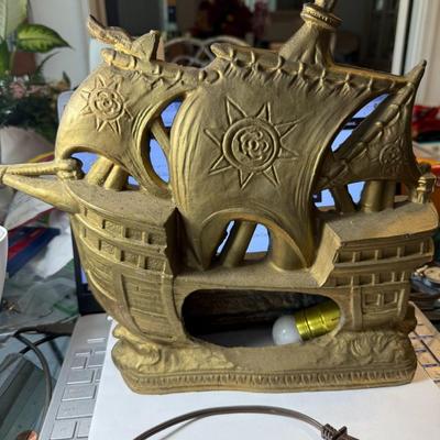 Vintage White Metal Painted Gold Clipper Ship Night Light 12" Tall in Good Preowned Condition (Untested Light Fixture).