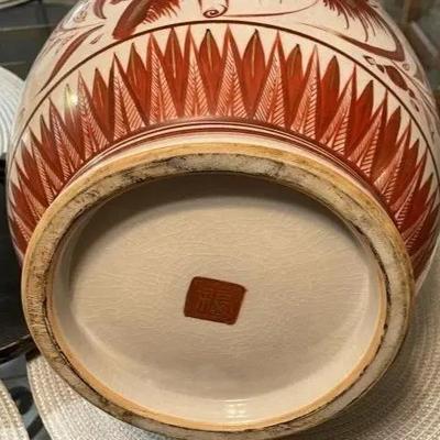 Early Japanese Kutani/Satsuma Hand Painted Signed Red/Gold Mark Vase from 1800's 15.5" Tall & w/Base 17" Tall...