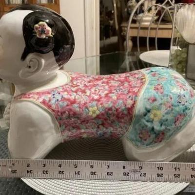 Vintage Earlier SIGNED BASE Chinese Famille Porcelain Baby Child/Girl Opium Pillow Art Statue Sculpture 14" Long as Pic'd....