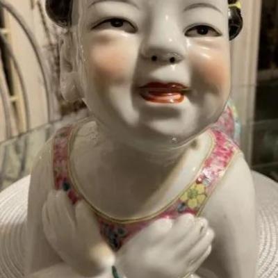 Vintage Earlier SIGNED BASE Chinese Famille Porcelain Baby Child/Girl Opium Pillow Art Statue Sculpture 14" Long as Pic'd....