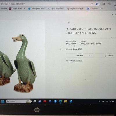 Very Rare Pair of Asian Celadon-Glazed Duck Figurines 12" Tall in Very Good Preowned Condition.